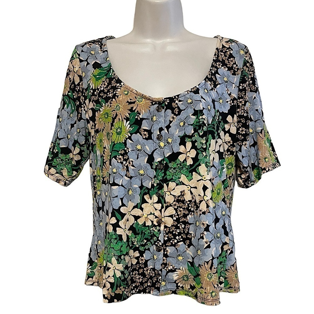 H&M MULTI FLORAL SHORT SLEEVE SCOOP NECK T SHIRT TOP
